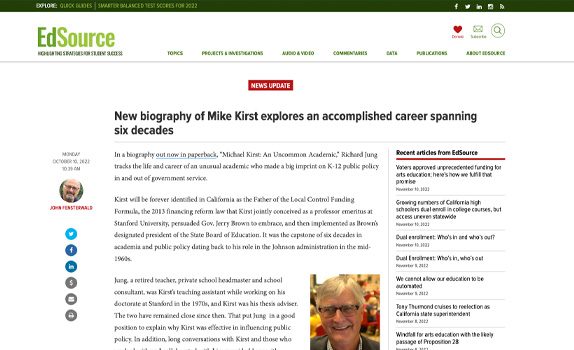 EdSource article announcing the Mike Kirst Biography Book Project launch.