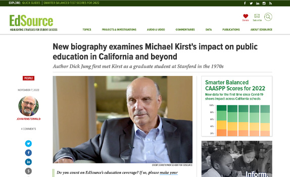 EdSource Online Book Review about the Mike Kirst Biography Project screenshot of the web page article